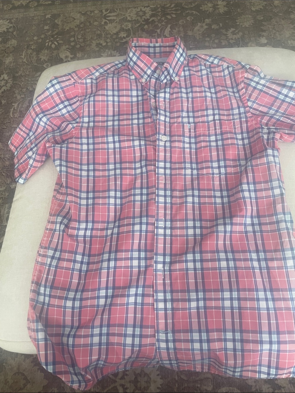 Izod Coral and Blue Plaid Short-Sleeve Button-Down Shirt